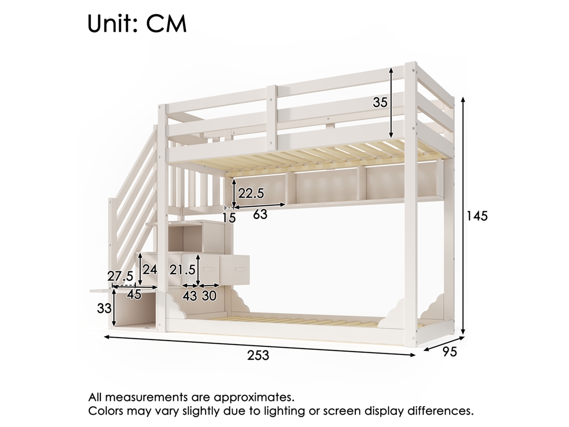 Beliche Infantil Madeira 90x200 Cm Branco Com Escada De Arrumação, Prateleiras, Compartimentos E Grades Segurança