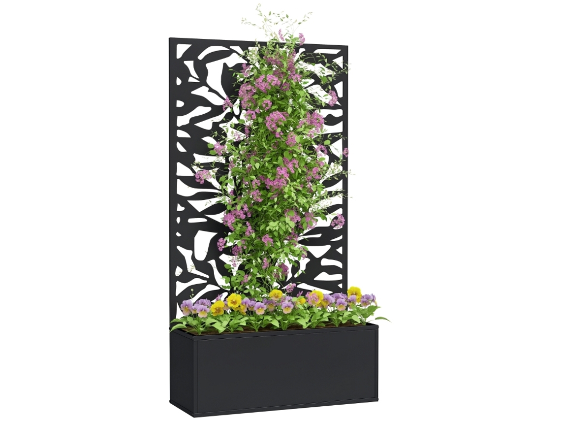 Vaso Retangular Grande Com Treliça E Painel De Privacidade, 61 X 23 X 113 Cm, Preto