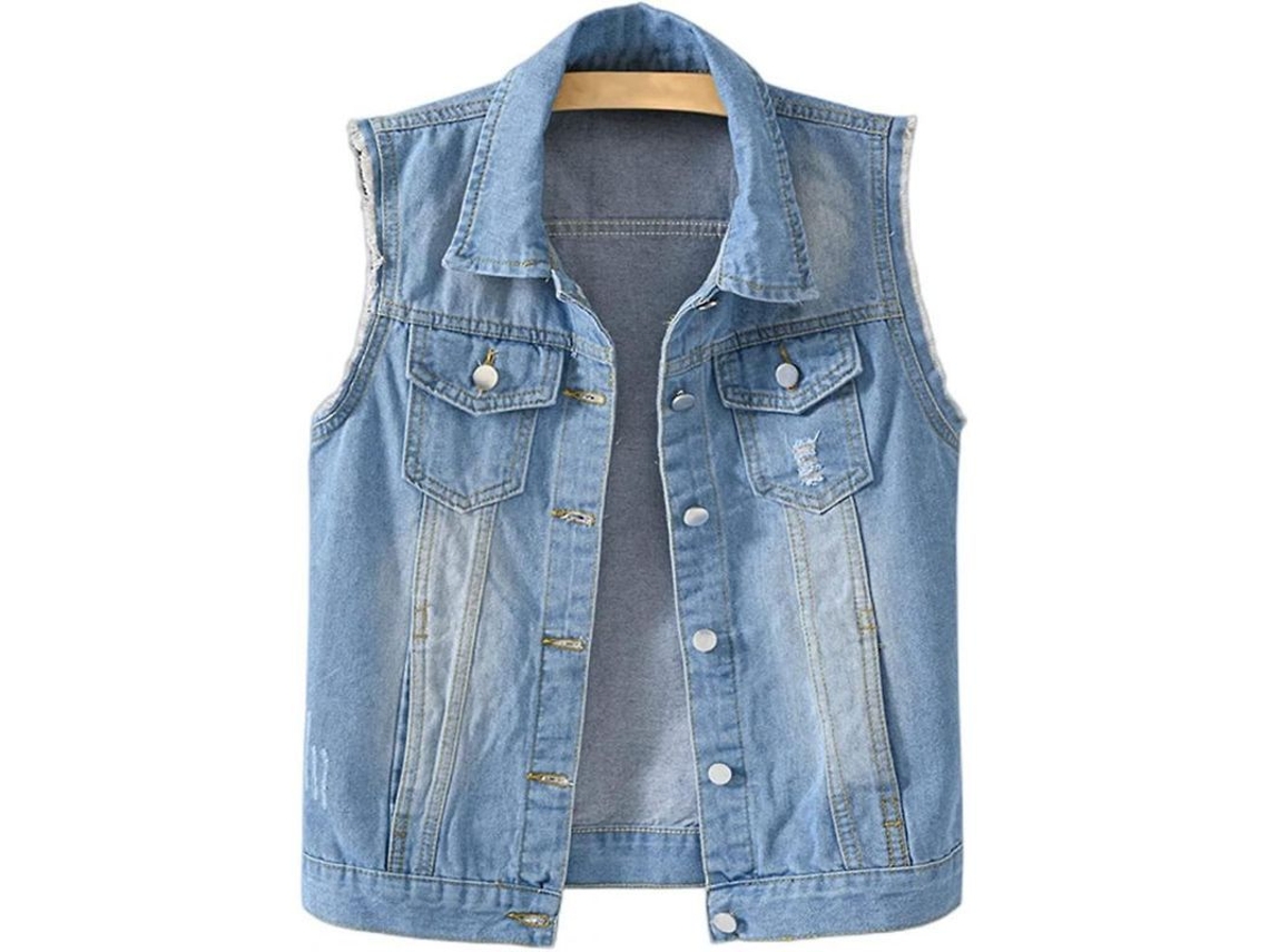 Colete cropped feminino sem mangas em jeans, com botões e bolsos, modelo 2026, casual para primavera, verão e outono, tamanho grande, jeans azul.
