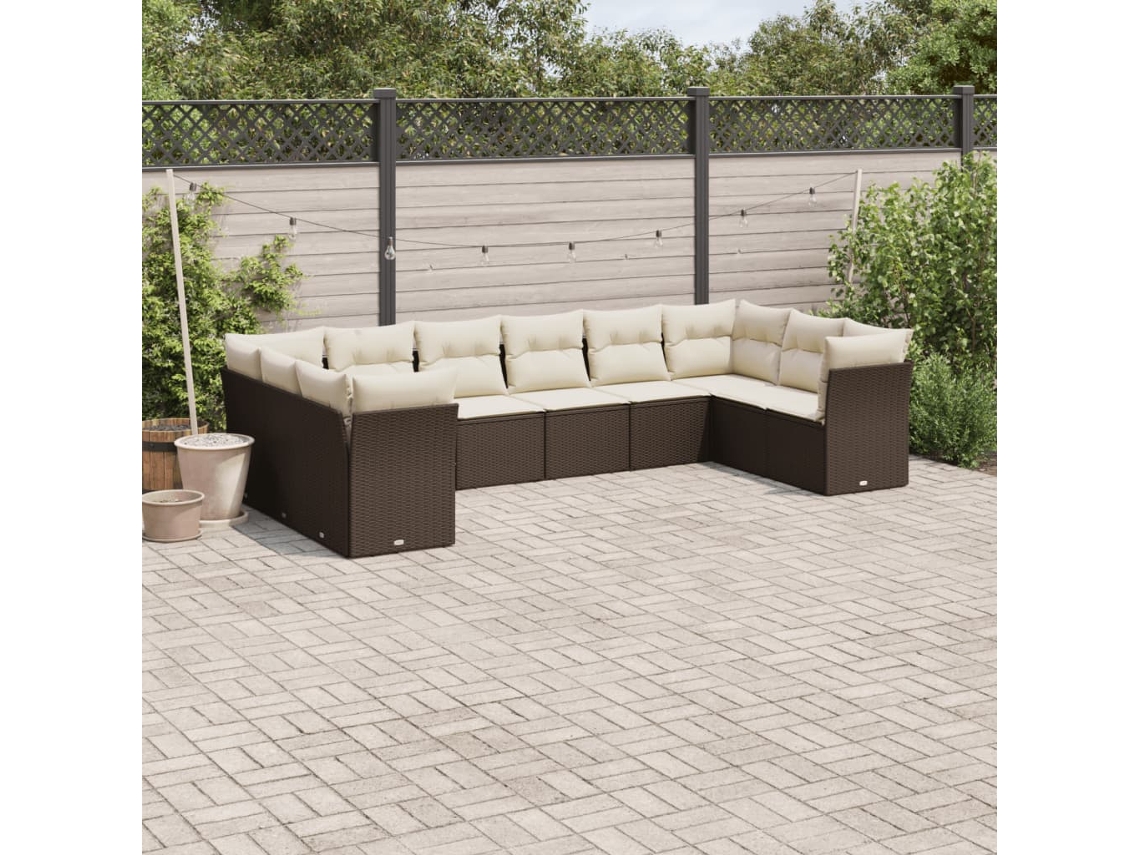 Vidaxl 10 Pcs Conj. Sofás Jardim Com Almofadões Vime Pe Castanho