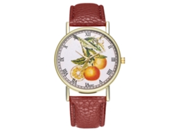 Relógio casual moderno para homens e mulheres, com design de frutas e pulseira de couro marrom.