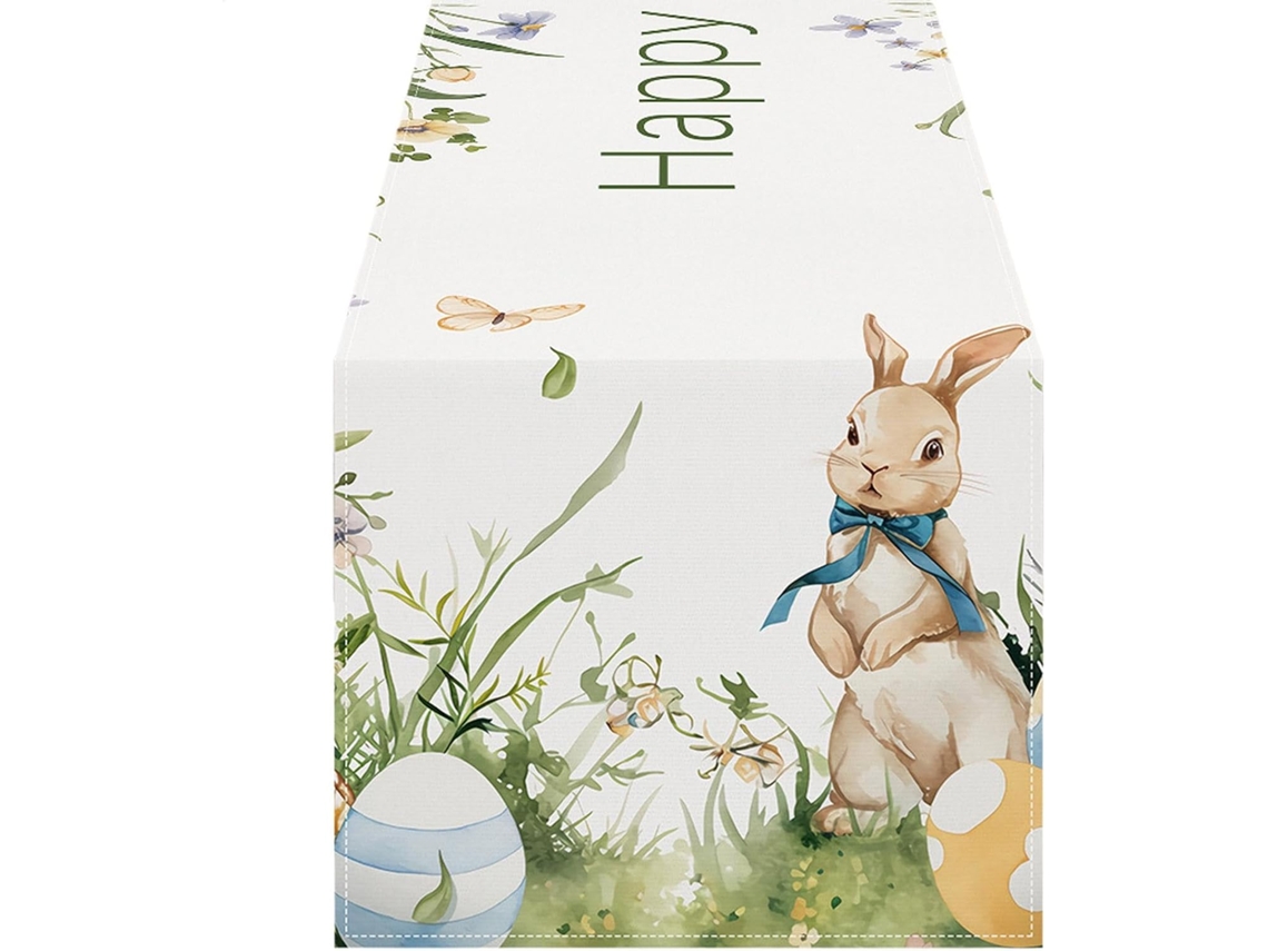 Caminho De Mesa Com Coelhinhos Da Páscoa, Tecido Com Coelhinhos Da Primavera, Alegre, Festivo, Sazonal.