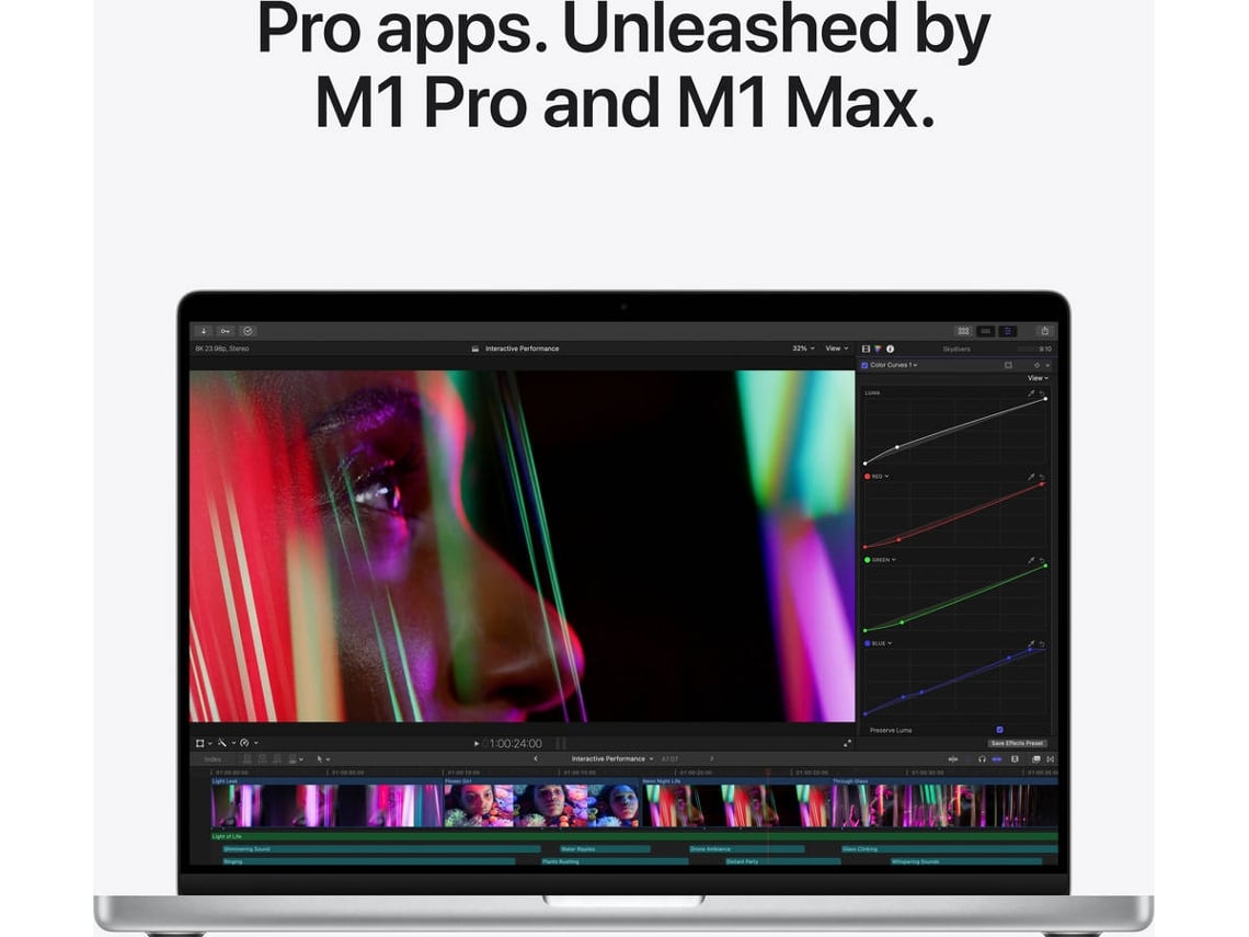 MacBook Pro APPLE Prateado (14'' - Apple M1 Pro 10-Core - RAM: 16 GB - 1 TB SSD - GPU 16 - Core)