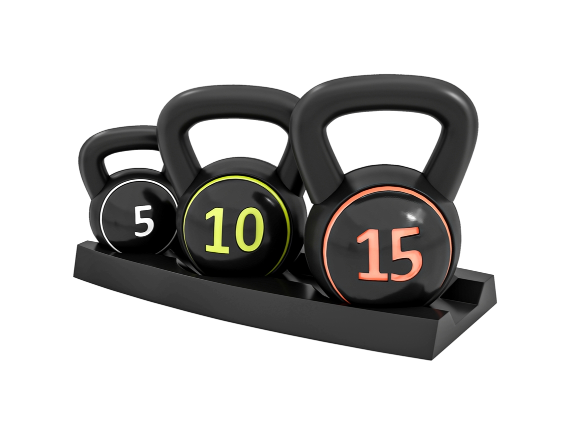 Conjunto 3 Kettlebells 2,2/4,5/6,8kg Com Cabo Antiderrapante, Bandeja Preta