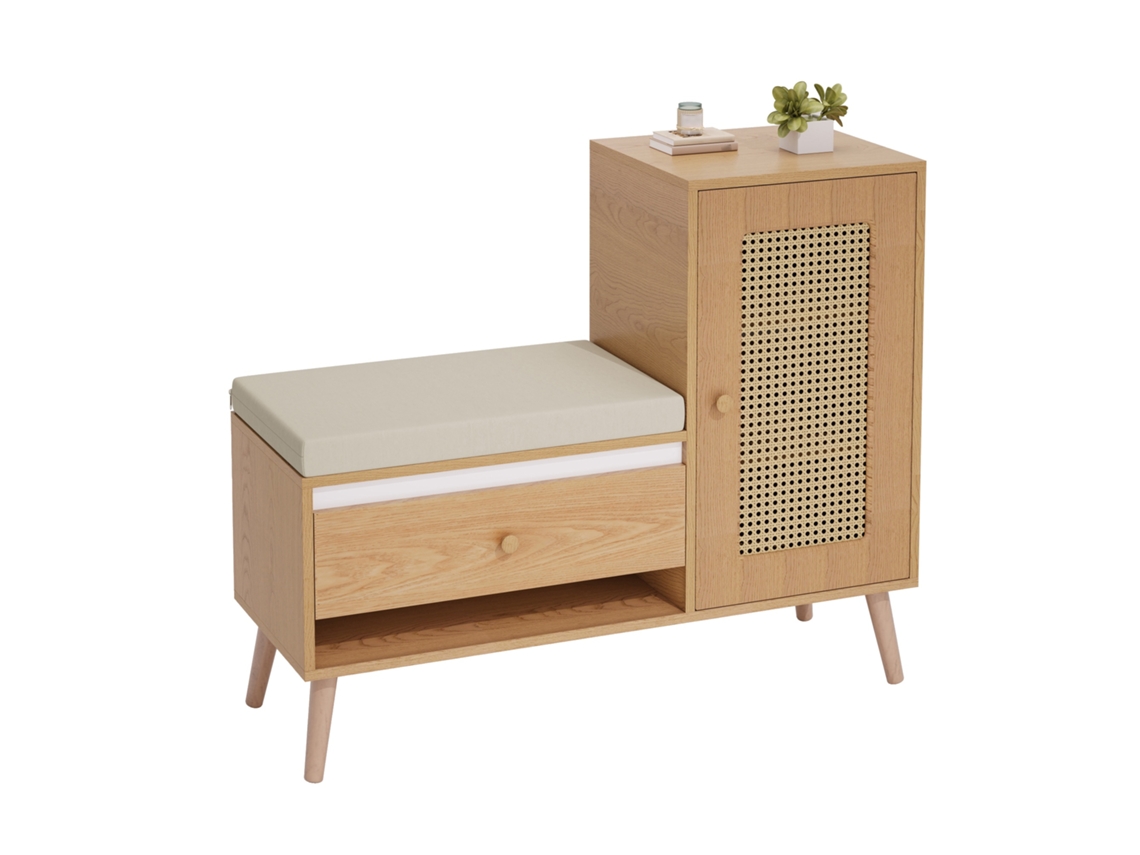 Armário De Sapatos, Banco De Rattan Com Armário E Almofada – Entrada Multifuncional Com Gavetas E Nichos Abertos, Uma Porta De Armário.
