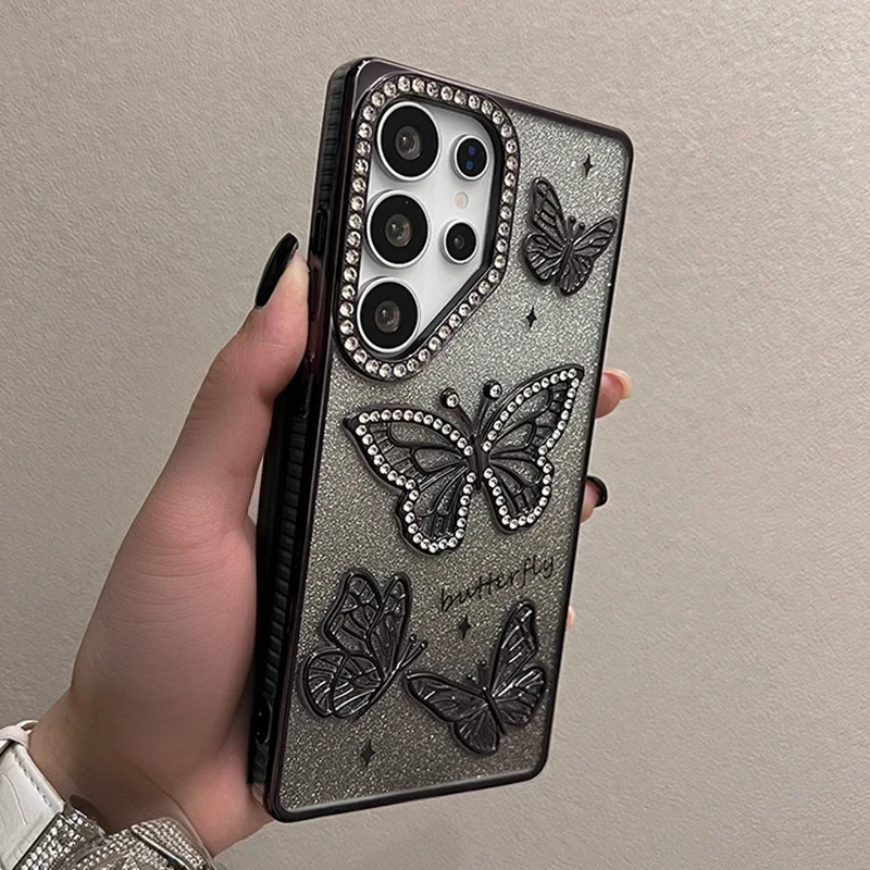 Capa Para Celular Com Borboleta (s25 Plus Preto), Feita De Silicone Tpu Macio E Transparente.