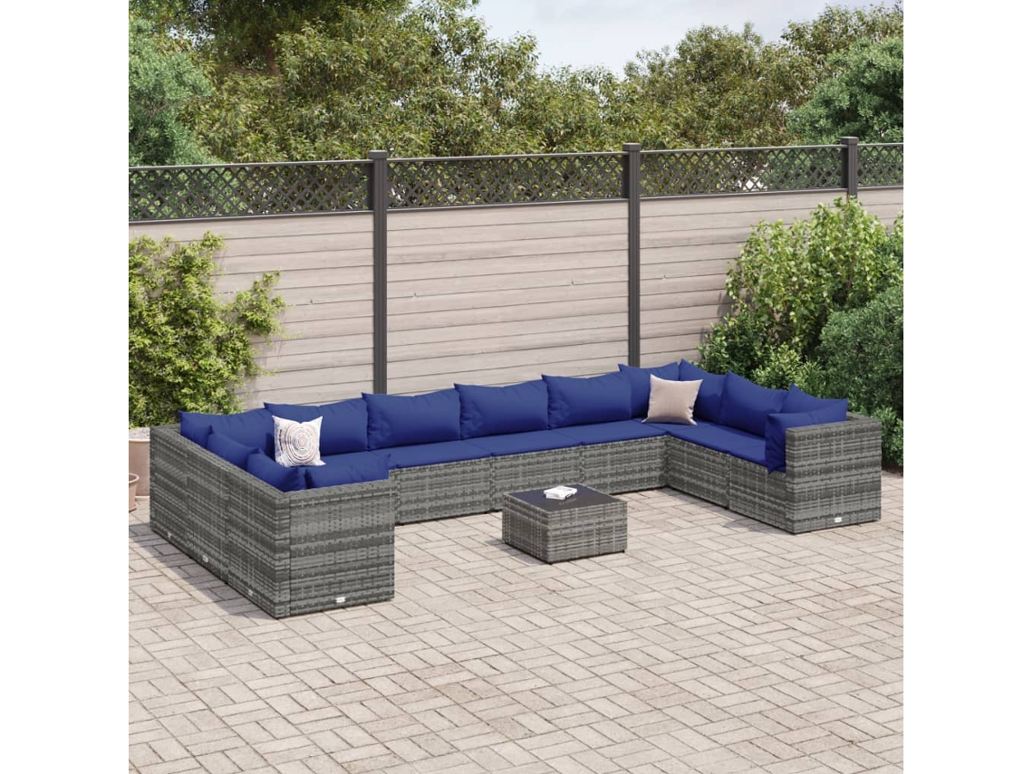 Vidaxl 11 Pcs Conjunto Lounge De Jardim C/ Almofadões Vime Pe Cinzento