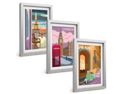 Conjunto De Pinturasvistas Retrô De Paris E Londres Moldura Prateada Quadros Para A Sala De Estar Espelharte (3 Peças 20x30 Cm)
