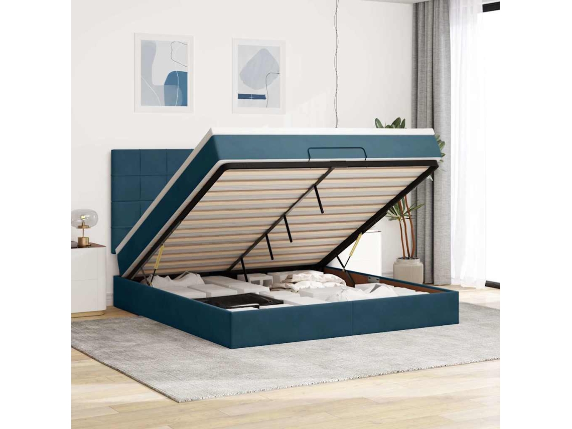 Vidaxl Estrutura De Cama Otomana Com Colchão Azul Escuro Veludo