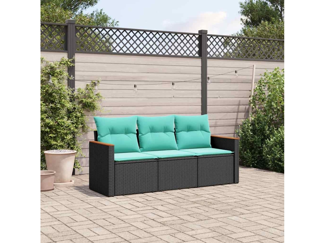 Vidaxl Conjunto De Sofá De Jardim De 3 Peças Com Almofadas Em Rattan Sintético Preto