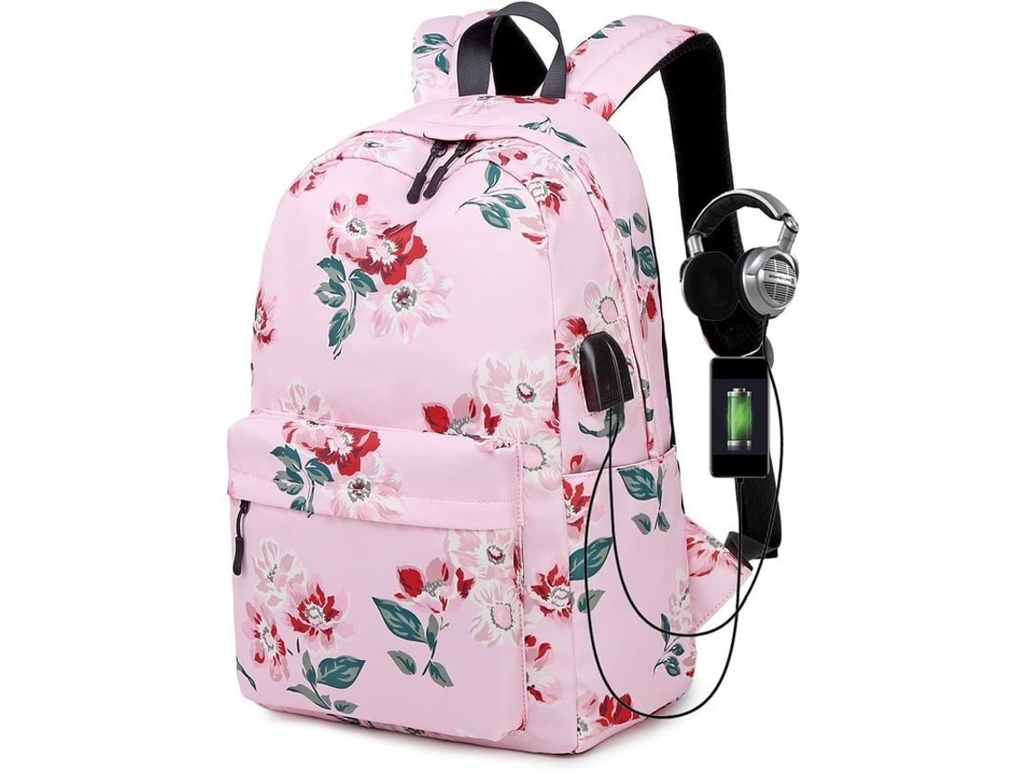 Mochila Escolar Retrô com Flores, Porta Usb, Resistente à Água, Preta | S/MARCA