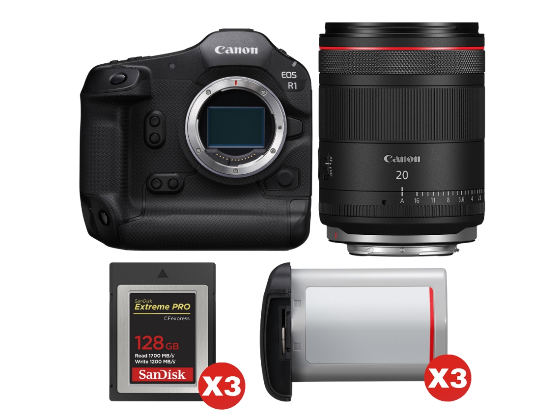 Eos R1 + Rf 20mm F/1.4 L Vcm + 3 Sandisk 128gb Extreme Pro Cfexpress Type B + 3 Canon Lp e19 + Ebook “20 Dicas para Fotos Que Impressionam” CANON
