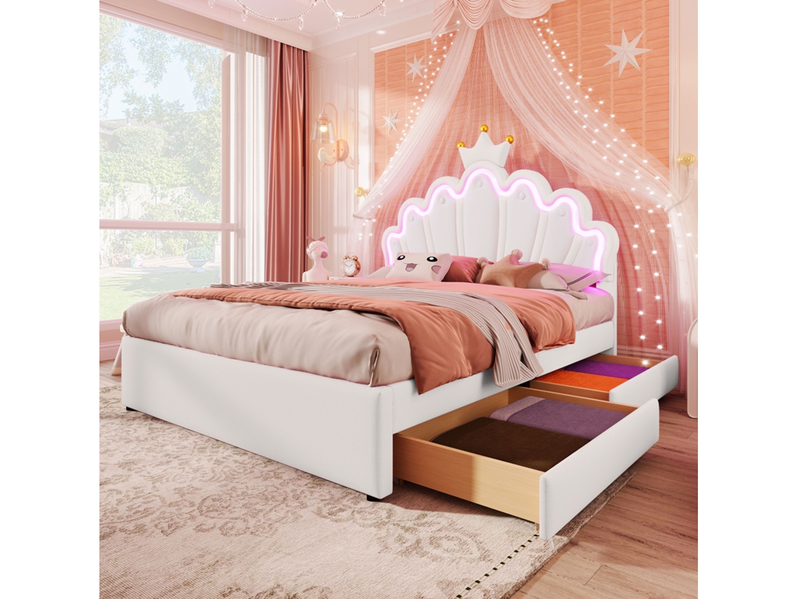 Cama Princesa 140x200cm Coroa Branca Luz Ambiente Gavetas