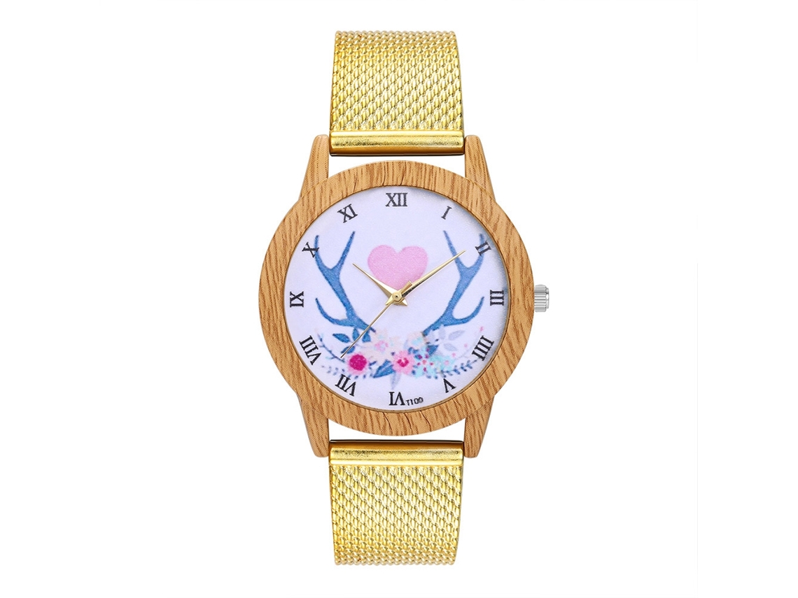 Relógio de quartzo unissex com pulseira de silicone e mostrador dourado com numerais romanos e estampa floral da Zhoulianfa.