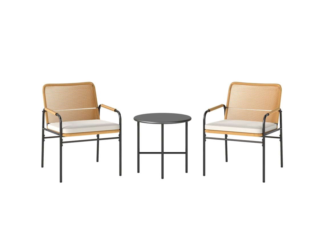 Conjunto Jardim 3 Peças, Duas Cadeiras Com Almofadas Laváveis Removíveis E Mesa Metálica Resistente. Tom Madeira E Creme, Adequado Para Uso Externo.
