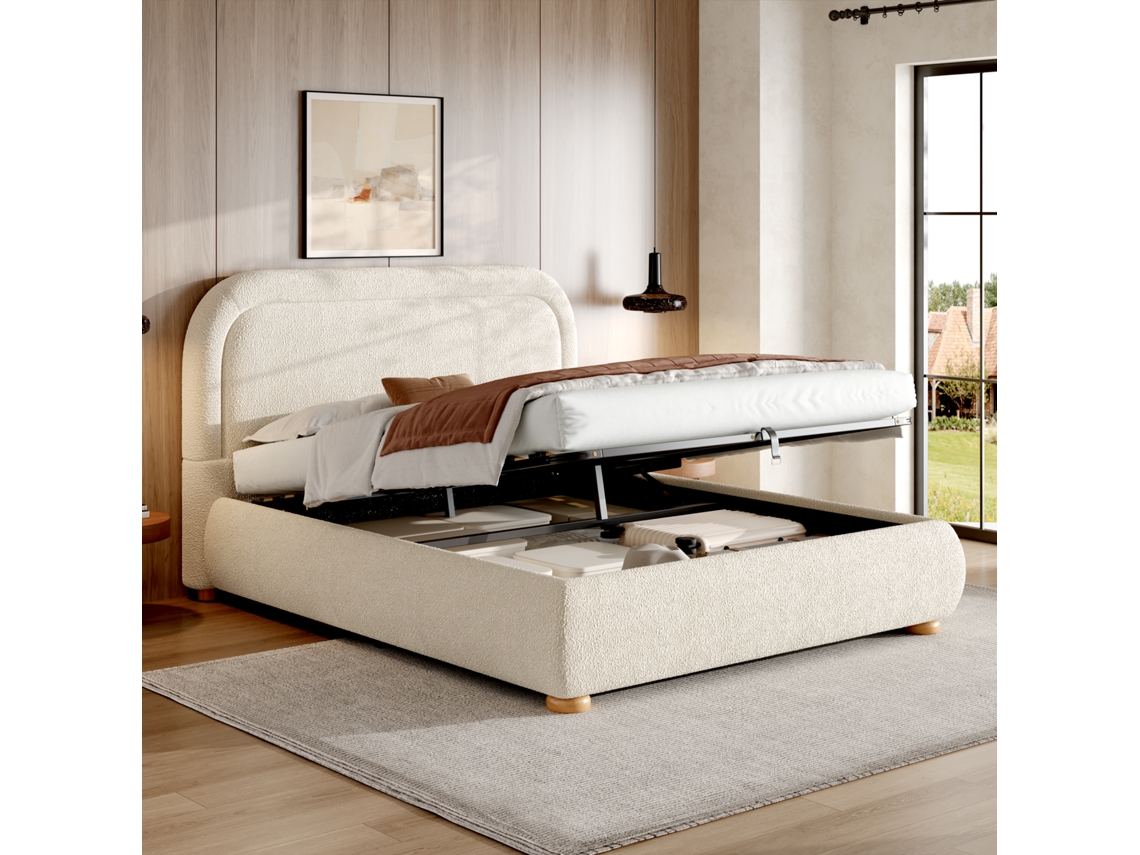 Lit Capitonné 140x190cm: Sommier Ripas, Cabeceira Estofada, Bouclé Beige, Hidráulico, Armazenamento. Cs