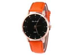 Relógio Zhoulianfa Quartz com pulseira de couro PU, mostrador redondo com strass laranja.
