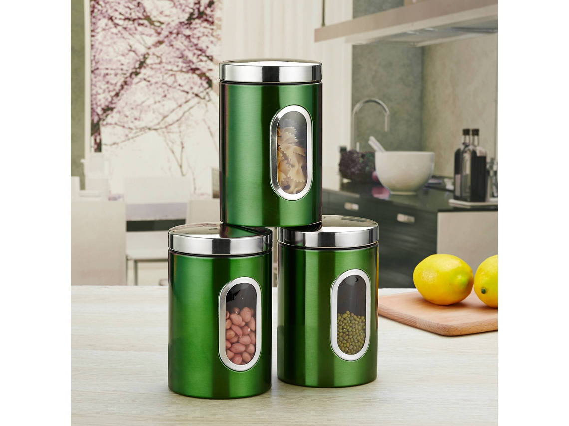 Nova Line conjunto 3pcs Recipientes de Armazenamento Alimentos Aço Inoxidável Tampas Transparentes