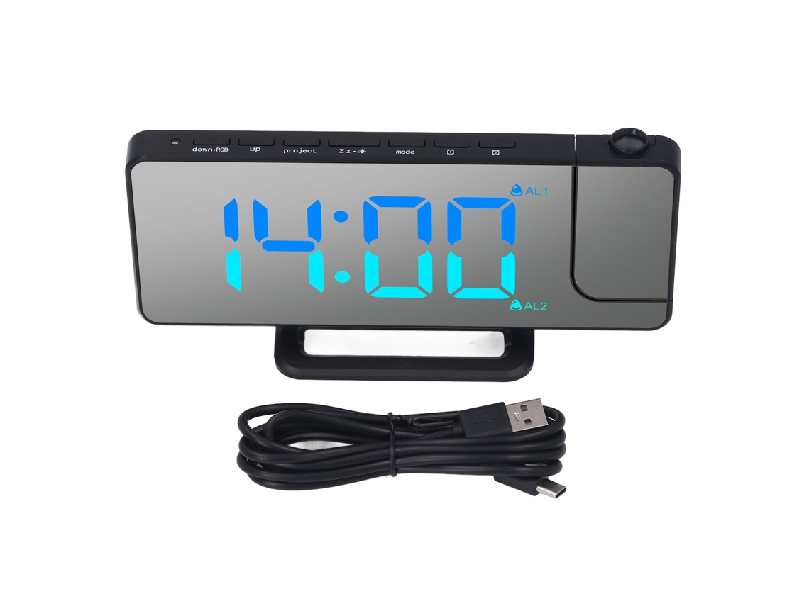 Relógio Despertador Digital LED com Projeção Espelho Luz RGB Porta USB 7,4 polegadas