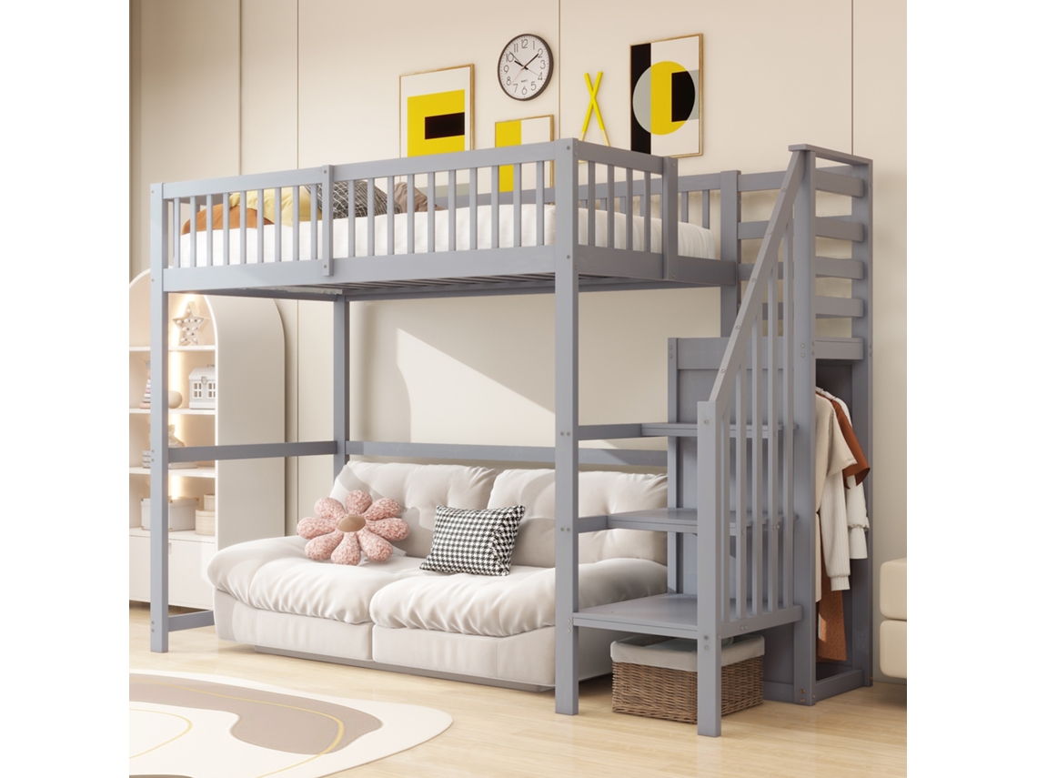 Cama Alta 90x200 Madeira Cinza Com Escada Guarda-roupa Prateleira