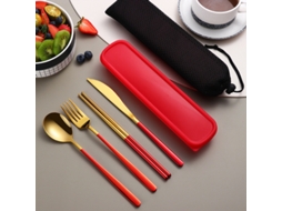Conjunto de Talheres Portátil em Aço Inoxidável 304 , Incluindo Faca, Garfo, Colher e Estojo para Armazenamento. MDUG (vermelho e Dourado)