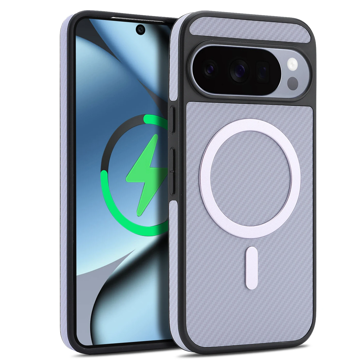 Capa De Celular Em Couro Magnético Com Fibra De Carbono (google Pixel 9 Pro Roxo)