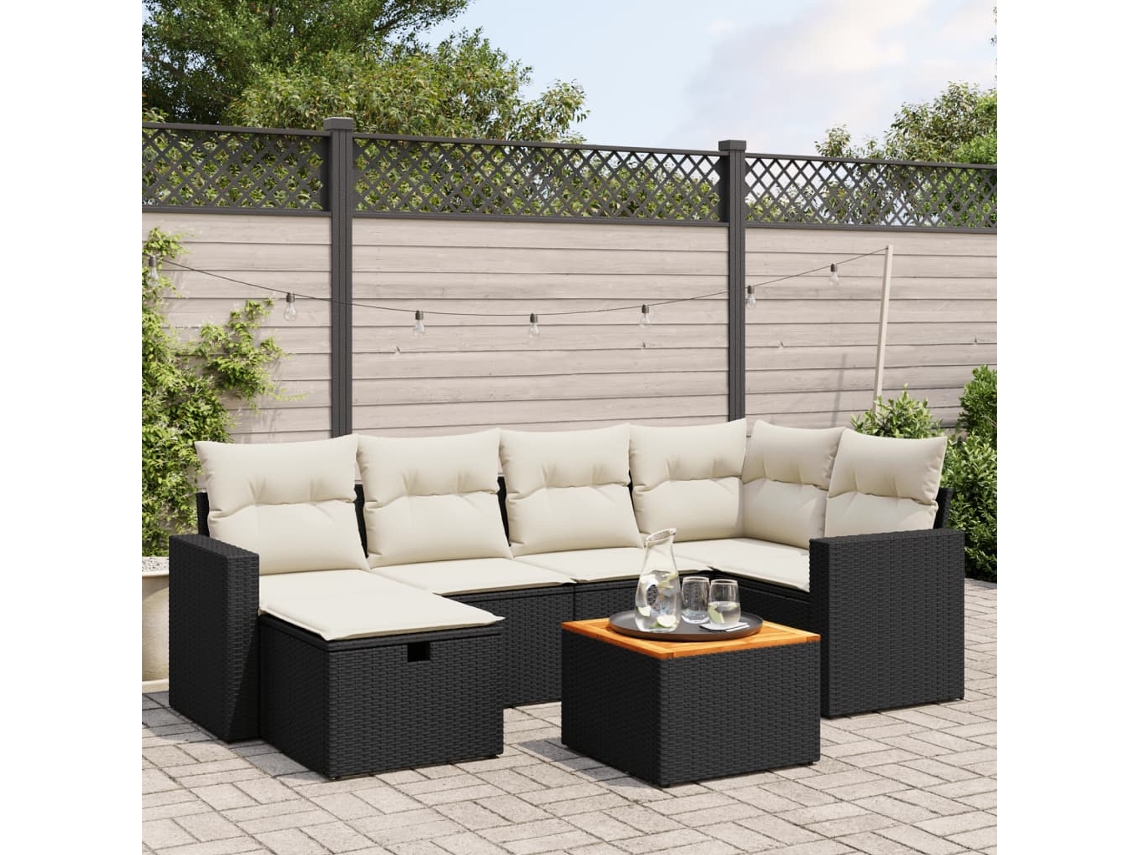 Vidaxl 7 Pcs Conjunto De Sofás P/ Jardim C/ Almofadões Vime Pe Preto