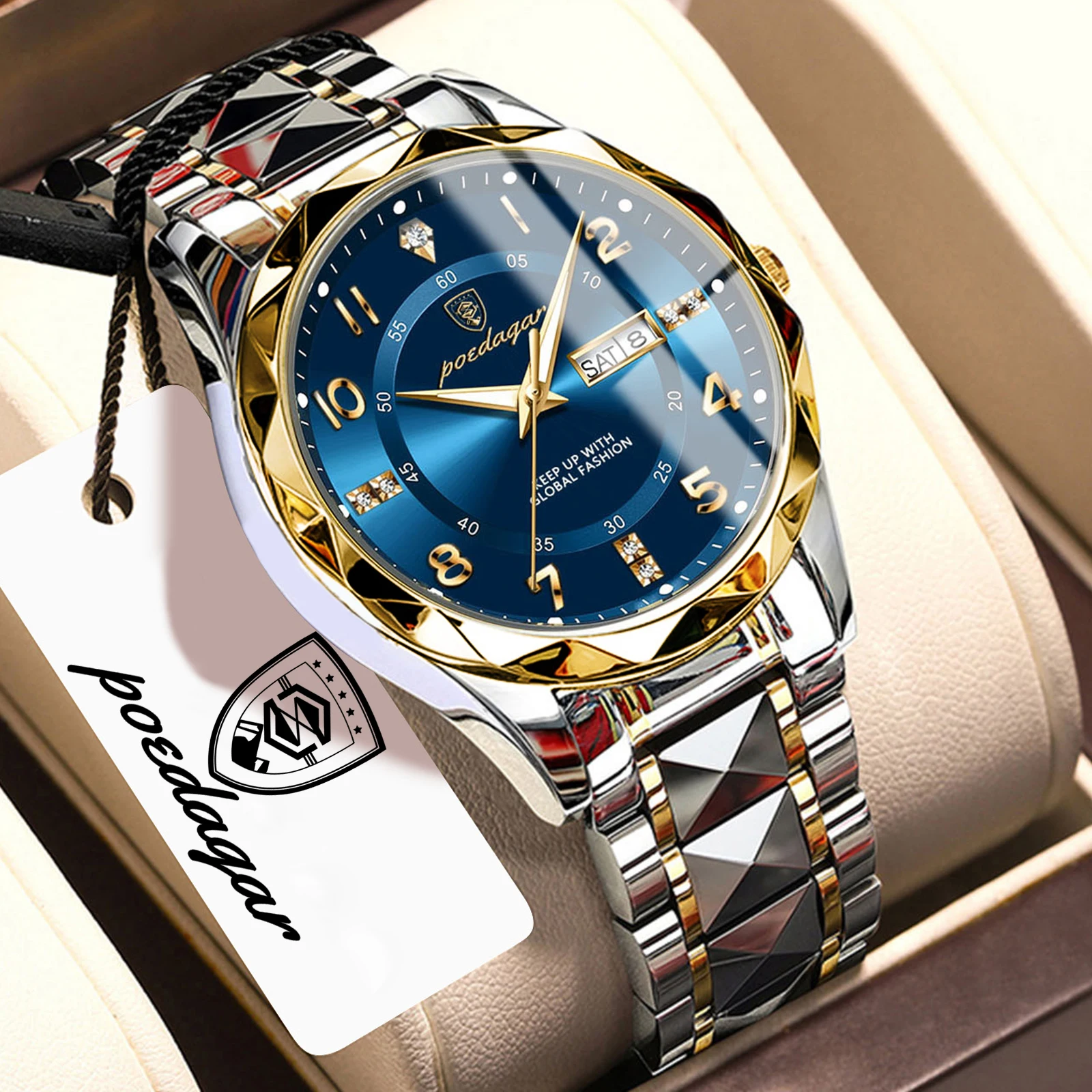 (Dourado e Azul) Relógio de quartzo masculino refinado e luxuoso, com exibição de data e dia da semana, ideal para ambientes de negócios e residências.