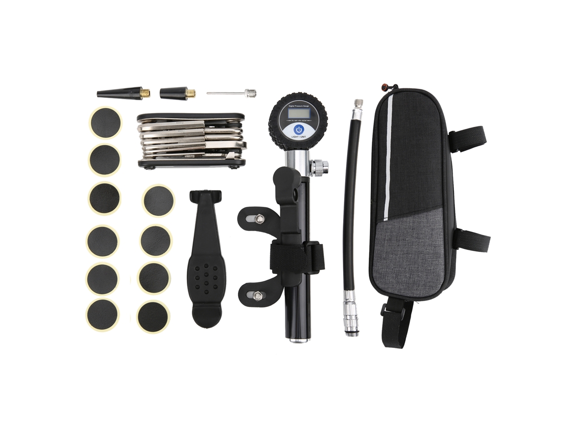 Kit de reparo Mali de pneus de bicicleta, com bomba digital, chave, parches, sem cola