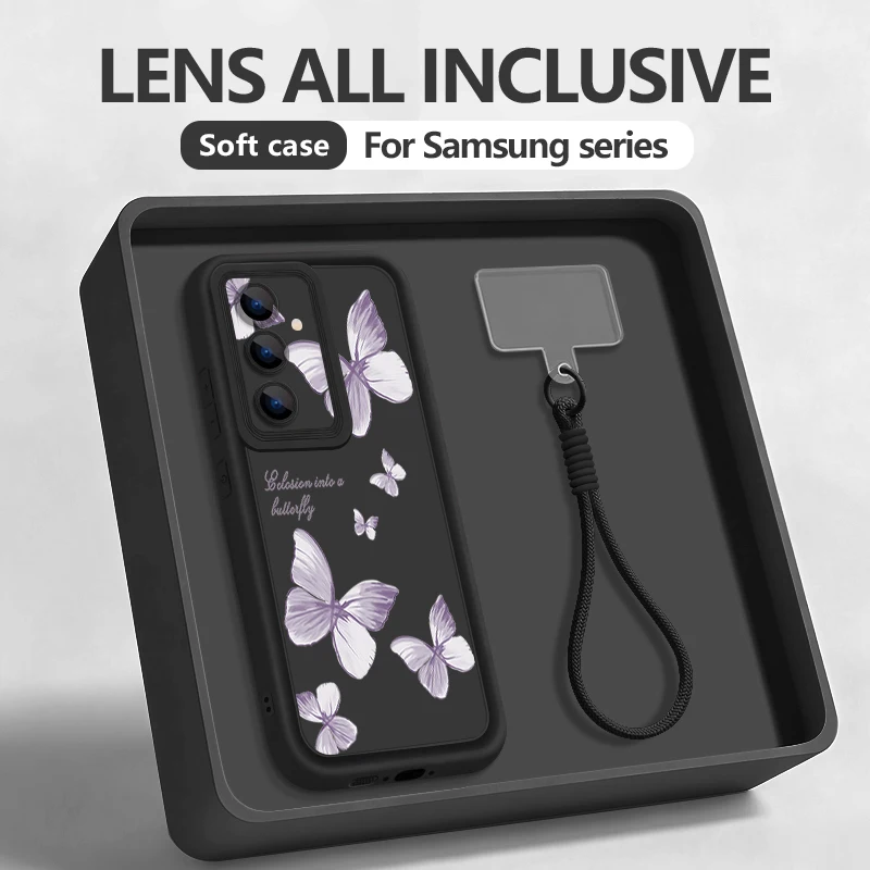 (preto) Capa Para Celular Galaxy S23 Com Estampa Retrô De Borboleta E Cordão, Em Tpu Macio