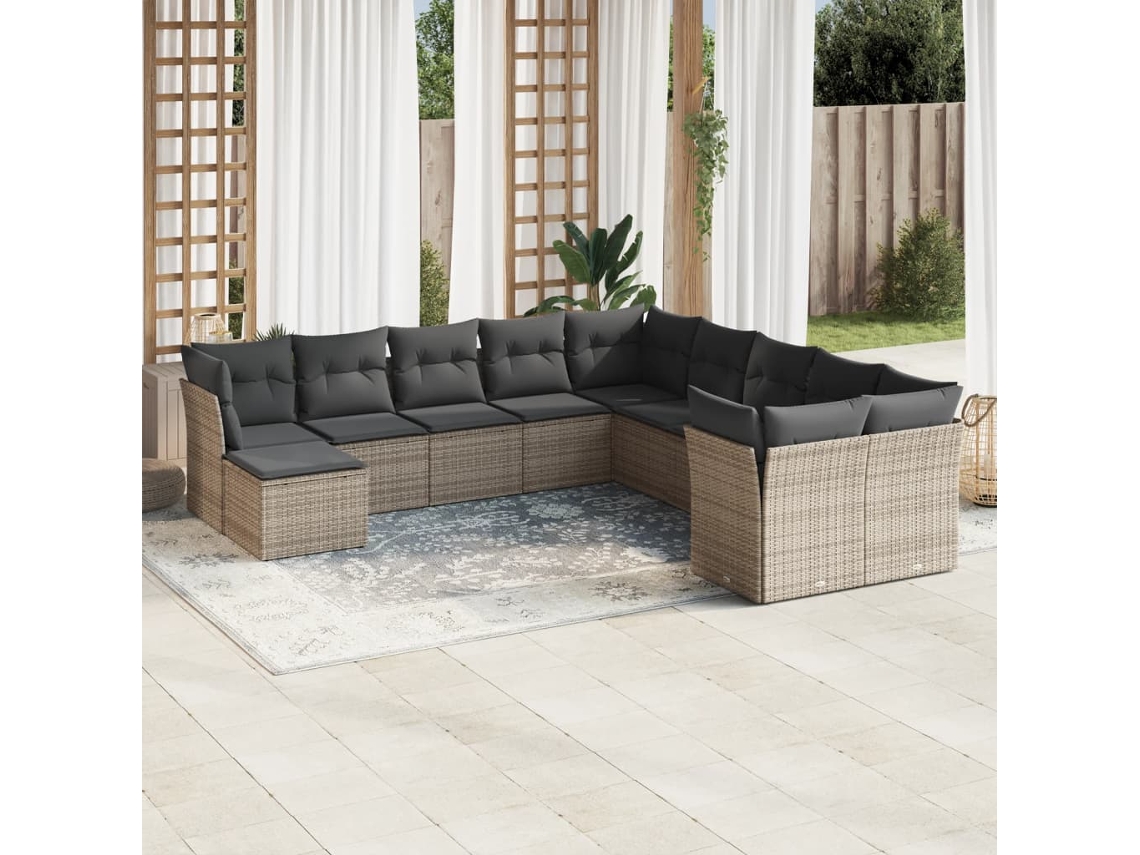 Vidaxl 11 Pcs Conjunto Sofás De Jardim C/ Almofadões Vime Pe Cinzento