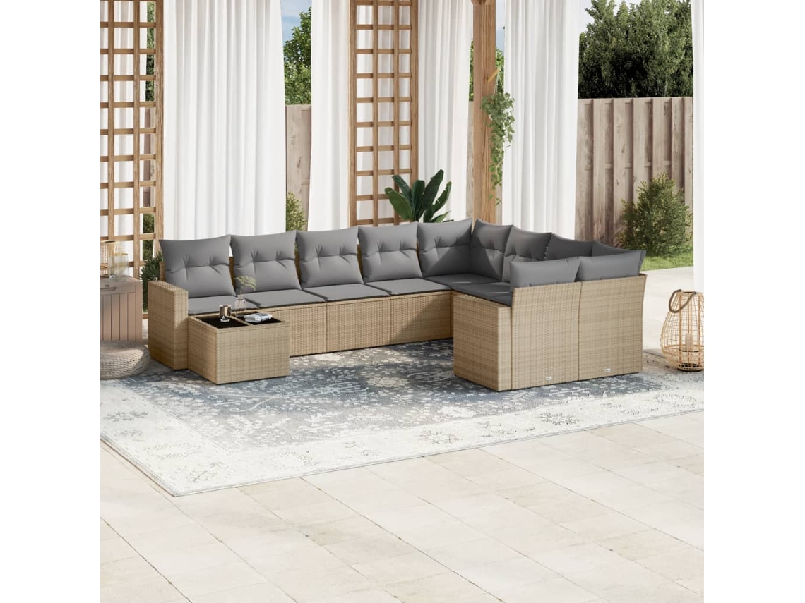 Vidaxl 10 Pcs Conjunto De Sofás P/ Jardim Com Almofadões Vime Pe Bege