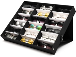 Organizador de Óculos de Sol com Suporte, Expositor com 18 Compartimentos , Forro Branco AQUAFORGE (47 X 36 X 6,3 Cm, Preto)
