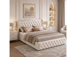 Cama De Casal Estofada 140x200cm Com Espaço De Arrumação, Cama Hidráulica Com Base De Ripas E Cabeceira Almofadada, Veludo, Bege, Simurq