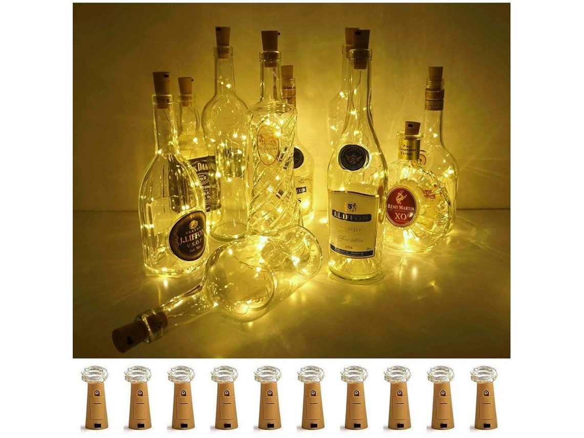 Luzes para Garrafa de Vinho Com Rolha, 10 Unidades Led com Bateria, Cabo Prata, Cor Branco Quente