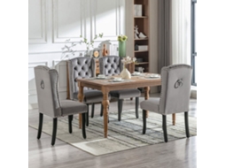 Conjunto De 4 Cadeiras De Veludo Com Pernas De Carvalho - Decoradas Com Rebites - Cinzento