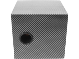 Subwoofer automotivo selado de 5 polos em caixa compacta de madeira.