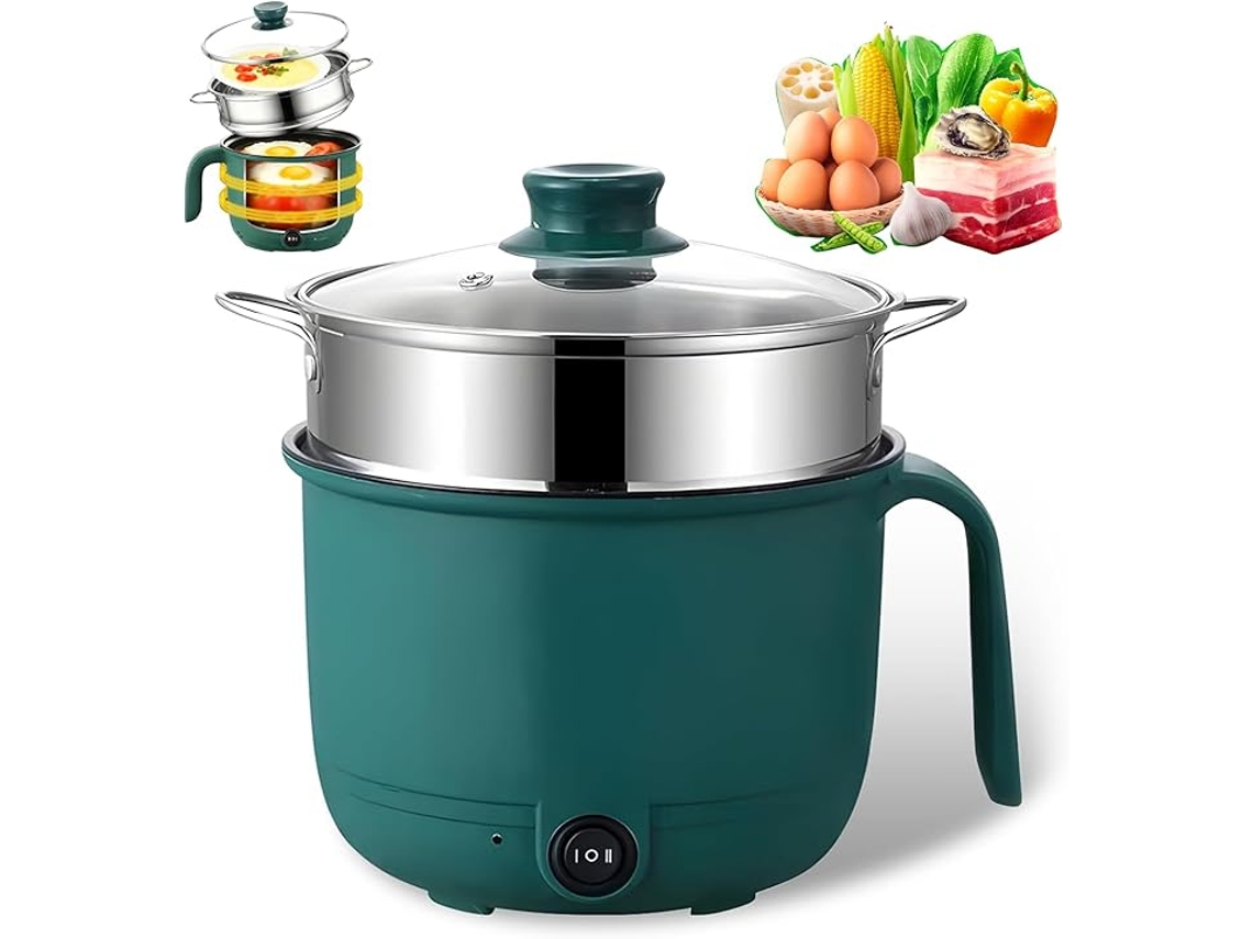 Panela Elétrica Portátil de 1,5l, 600w, com Vaporizador de Aço Inoxidável, para Cozinhar Massas Rapidamente. Verde. SIURN