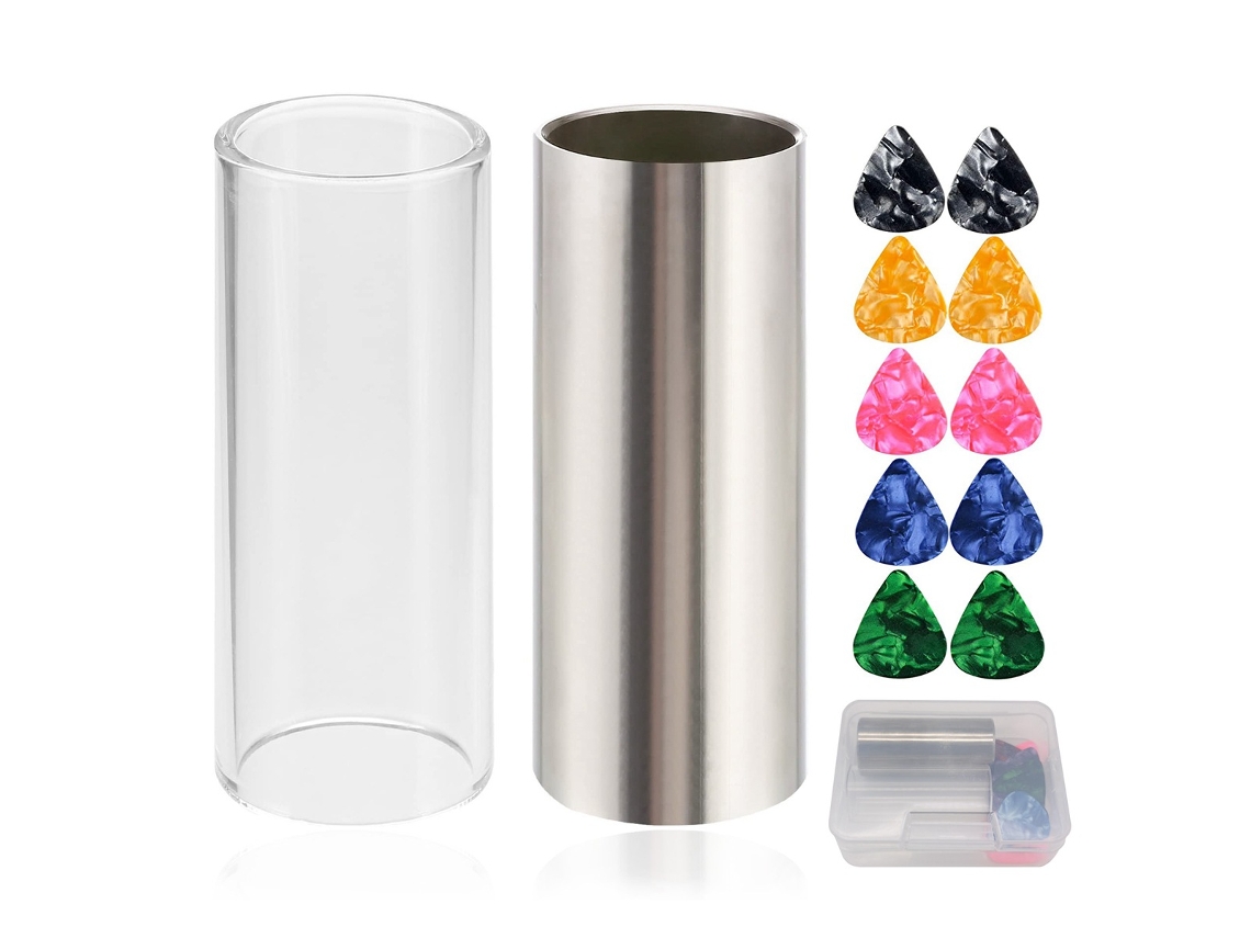 Slider para Guitarra em Aço Inoxidável com Trilho de Vidro, Deslizador para Guitarra Elétrica, Palheta Média de 60 Mm + 10 Palhetas AQUAFORGE