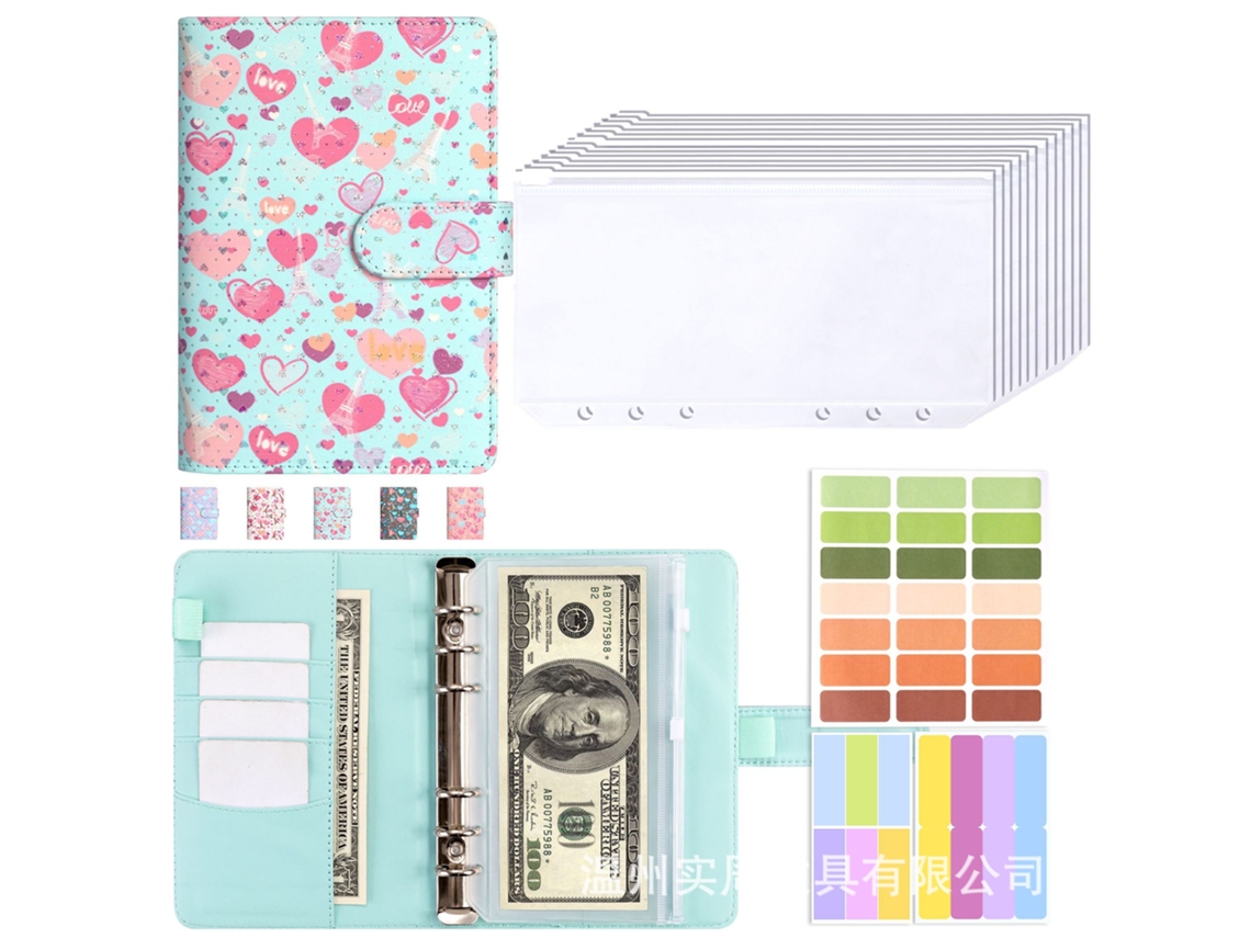 A6 Love Eiffel Korean Macaron Pu Leather Ring Binder Journal Notebook, Blue, With 12-zipper Pockets And 3-colored