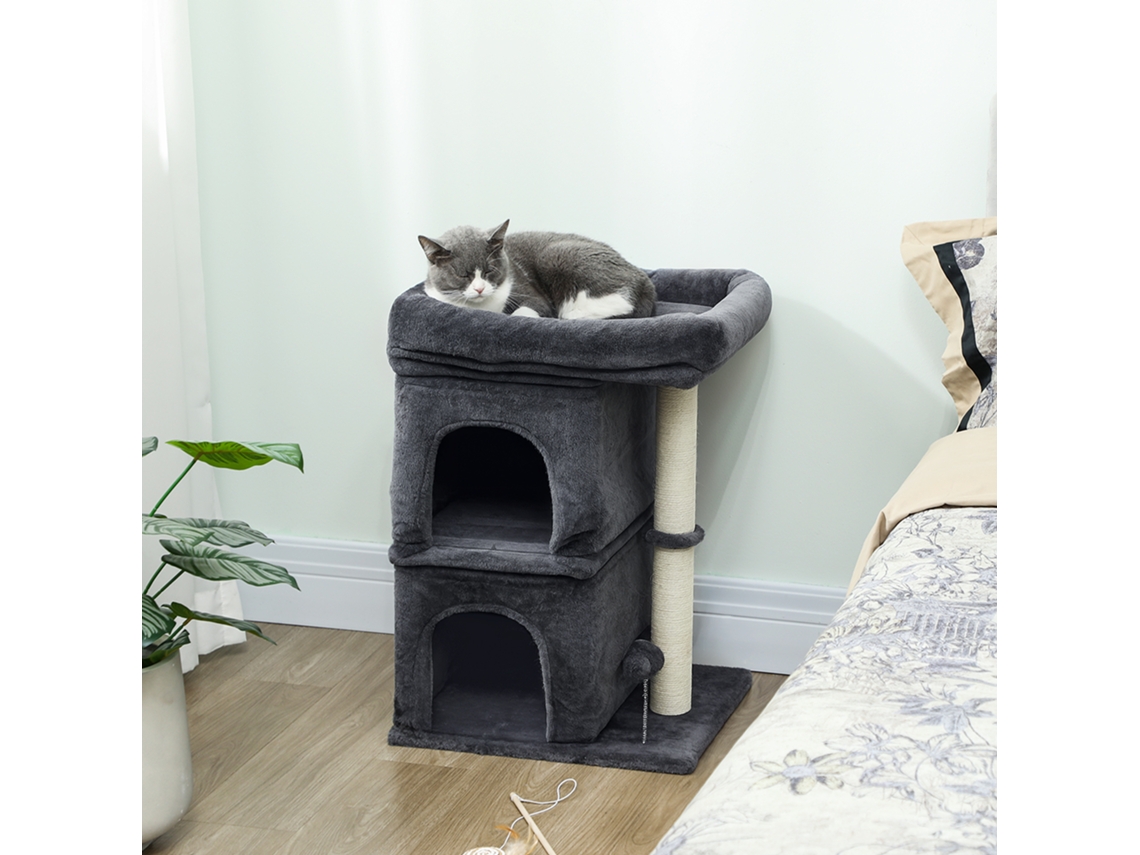Cat Scratching Post, Cat Tower, 2 Caves, Platform. Sisal Post, Compact, Dark Gray