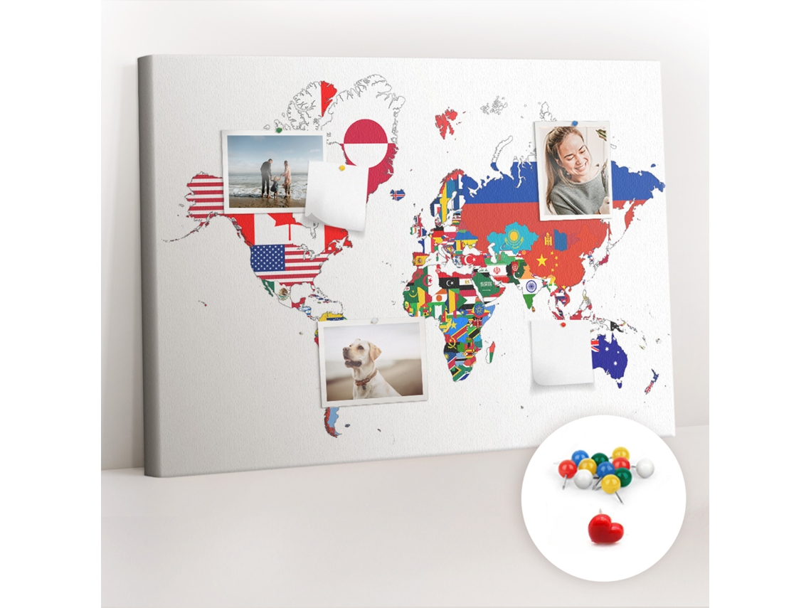 Quadro De Cortiça Com Impressão Mapa De Bandeiras Nacionais Para O Quarto Das Crianças Espelharte (70x100 Cm)