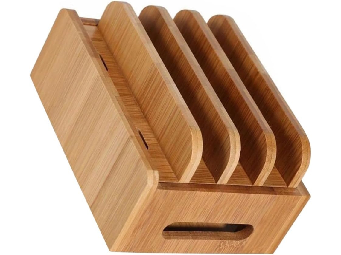 Estação De Carregamento Tehaux Em Bambu Bege Com Suporte Removível Para Celular E Tablet, Organizador Usb Para
