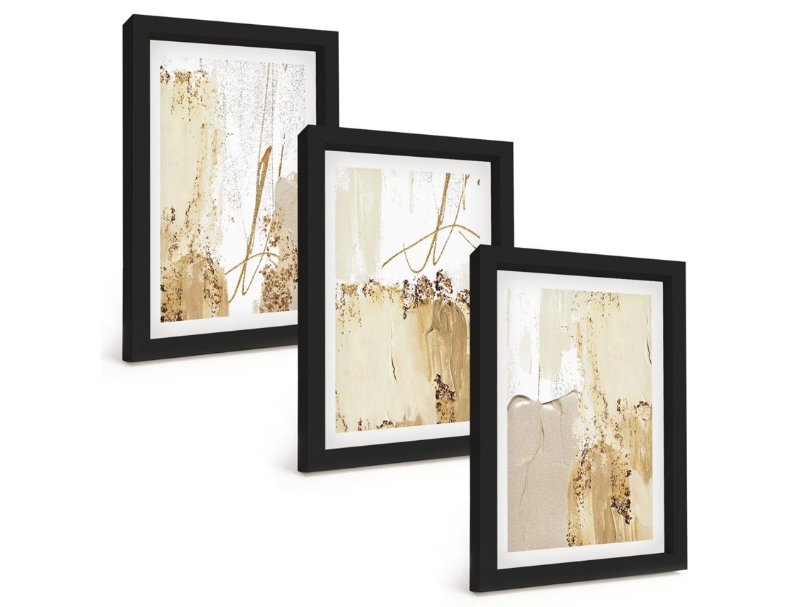 Composição De Quadros Na Paredepadrões Abstratos Em Bege E Branco Moldura Preta Quadros Para A Sala De Estar Espelharte (3 Peças 20x30 Cm)