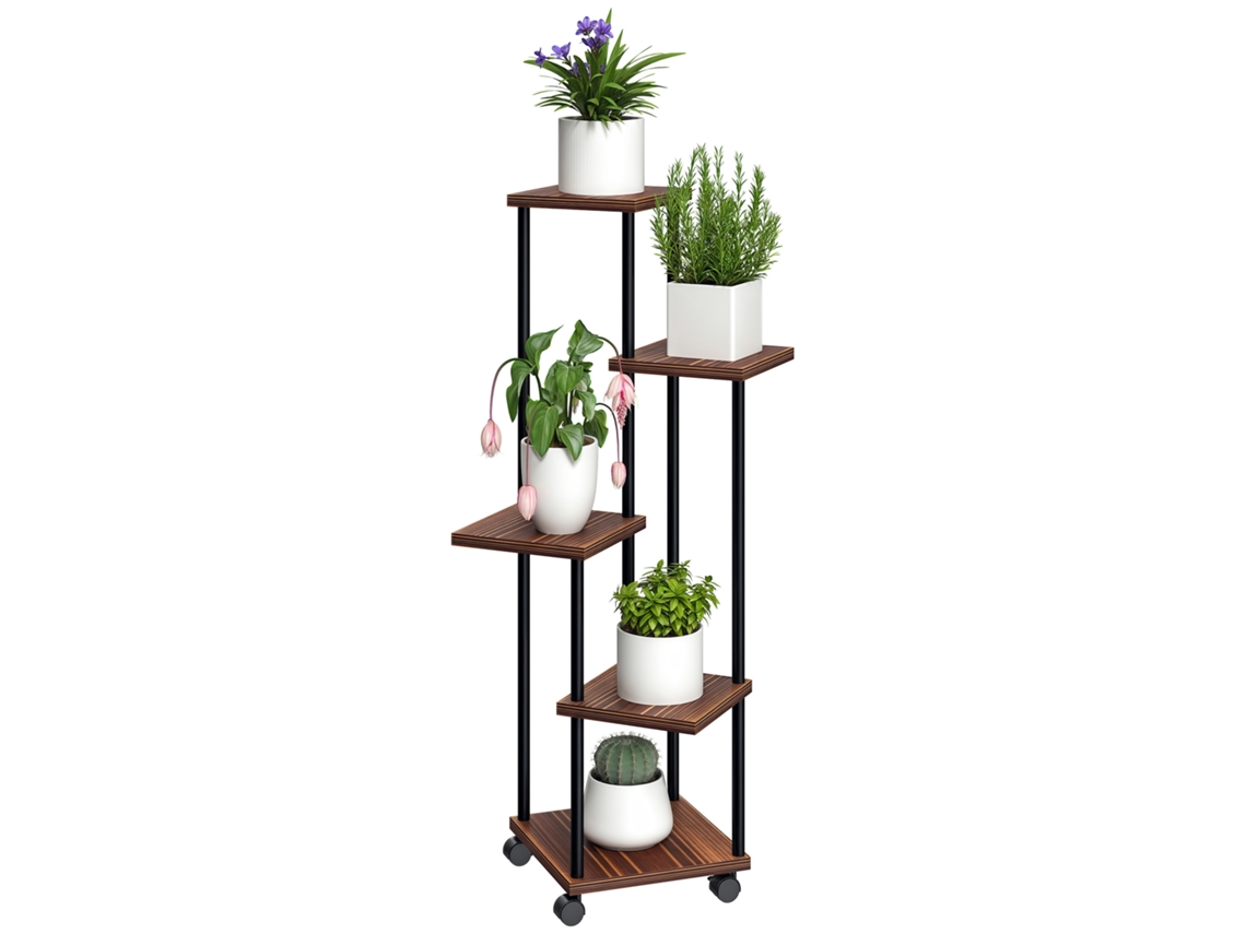 Estante De Flores 5 Níveis Deslocada, Leve E Fácil De Mover, Estrutura Madeira E Aço, Multiuso Interior Exterior