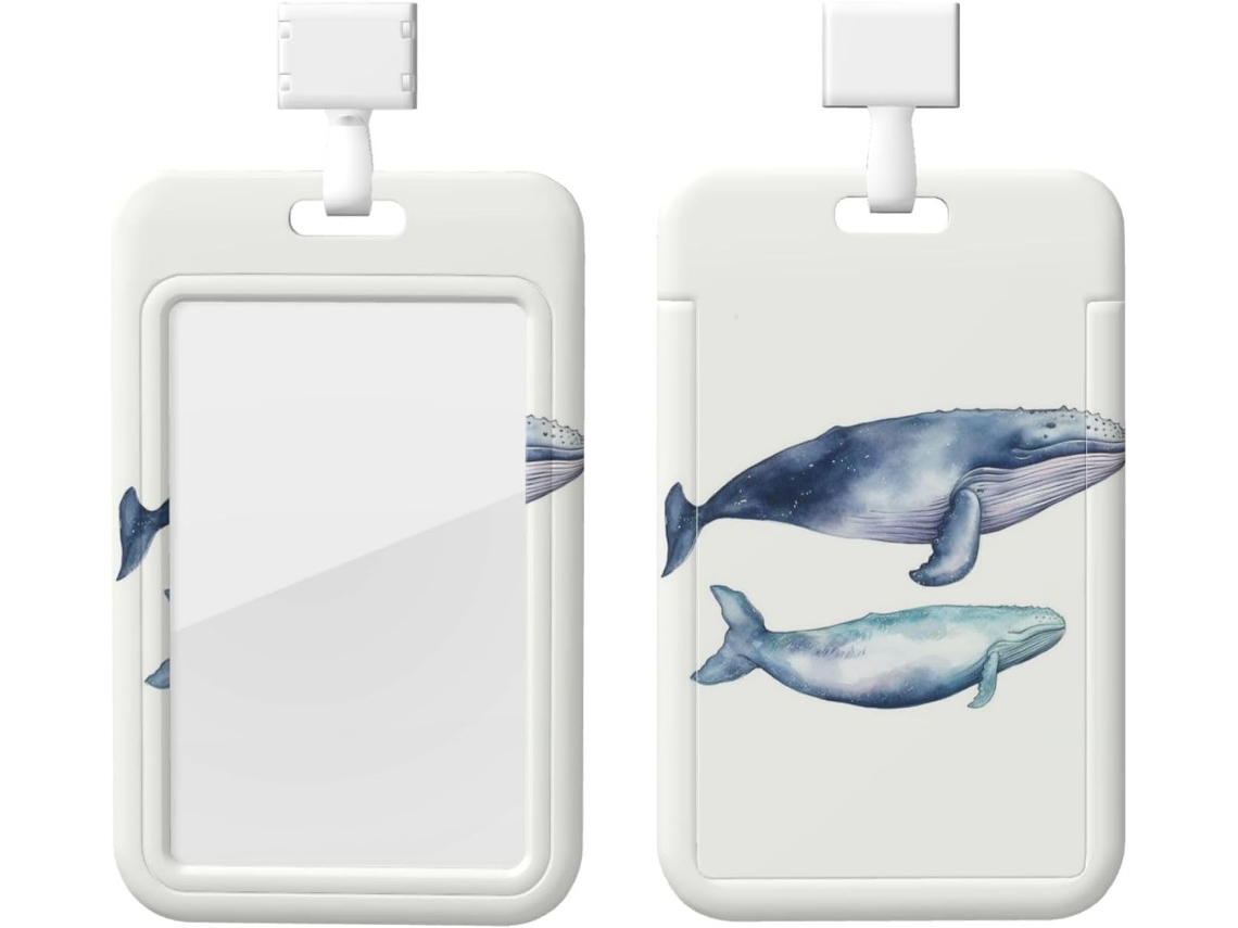 Porta-cartões Crachá com estampa azul Jubarte Baleia, protetor de cartões vertical com cordão, camada plástica impermeável.