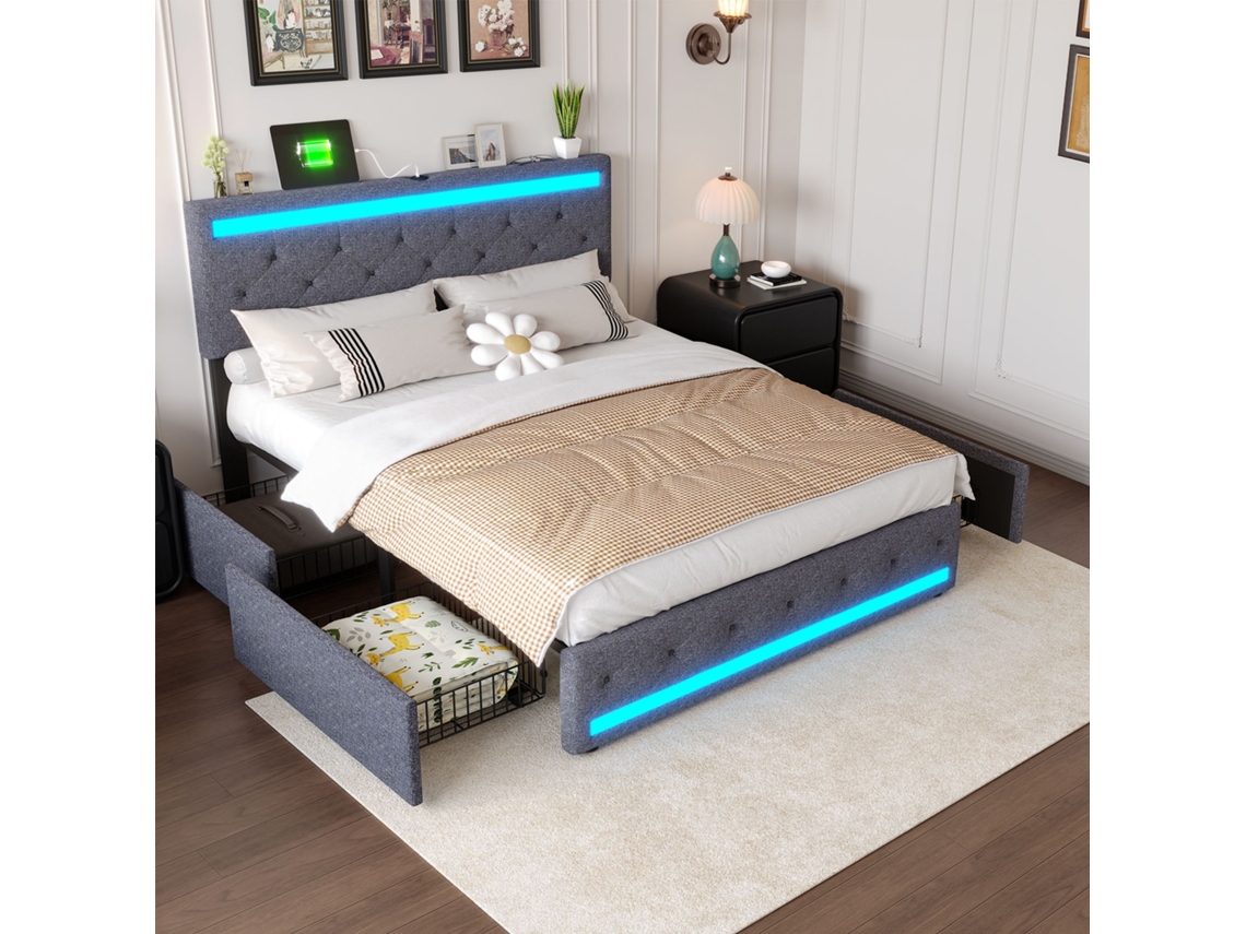 Cama De Casal Adulta 140x200 Cm Com Led, 4 Gavetas, Estrado De Ripas, Cama Estofada, Linho, Cinzento Escuro, Sem Colchão