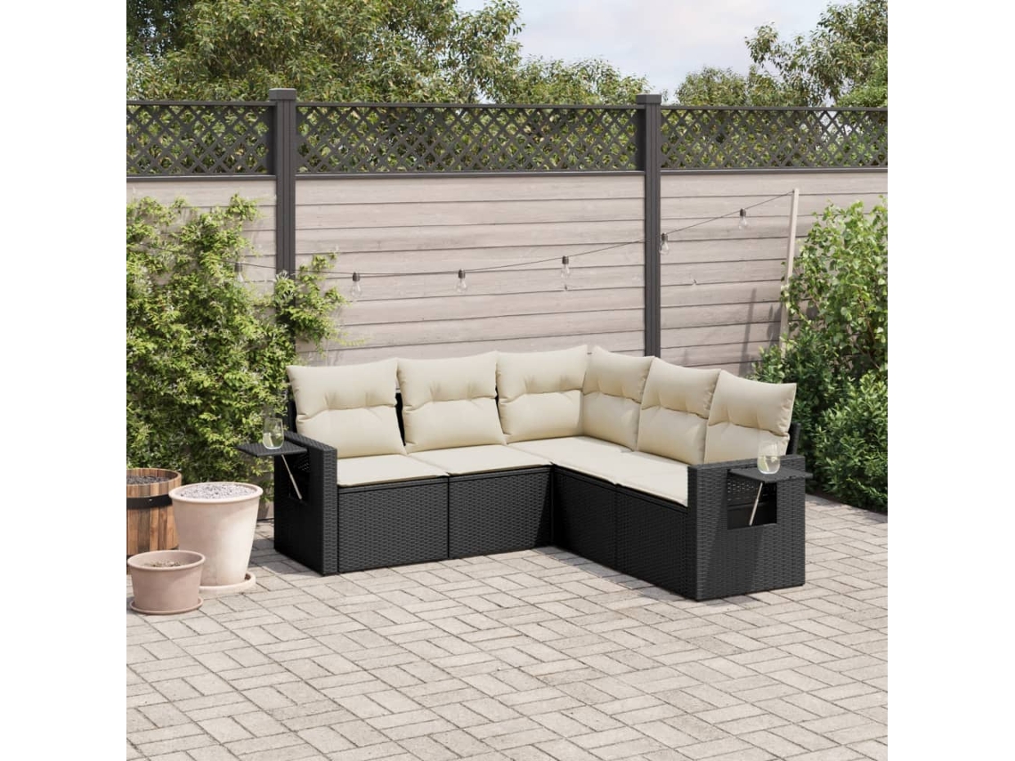 Vidaxl 5 Pcs Conjunto Sofás De Jardim Com Almofadões Vime Pe Preto