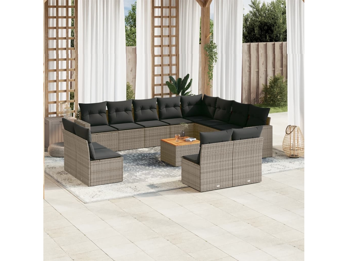 Jogo 13 Peças Sofás P/ Jardim C/ Almofadões Vime Pe Cinza Dkd Home Decor