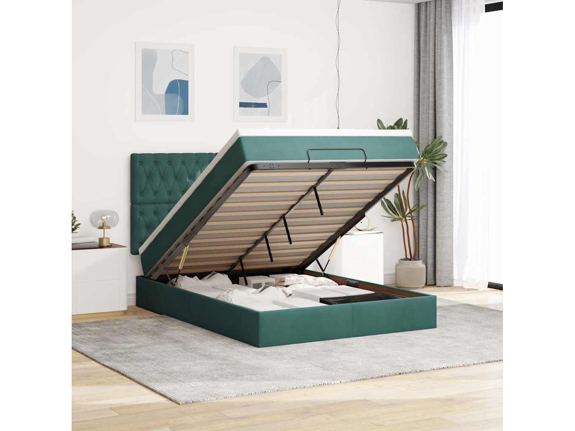 Estrutura Cama Otomana Colchões 140x190 Cm Veludo Verde Escuro